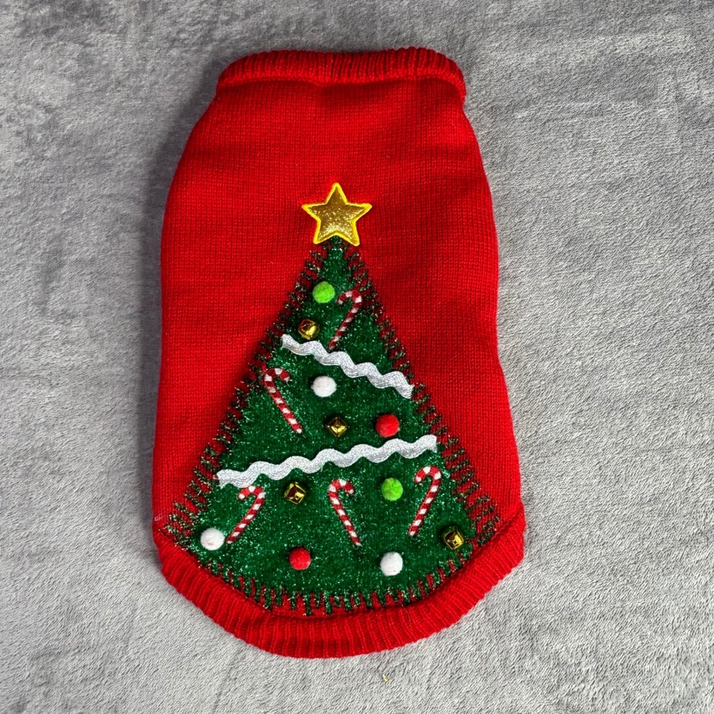 Merry & Bright Christmas Tree Pet Sweater Red Med Jingle Bells Pom Poms‎ Holiday
